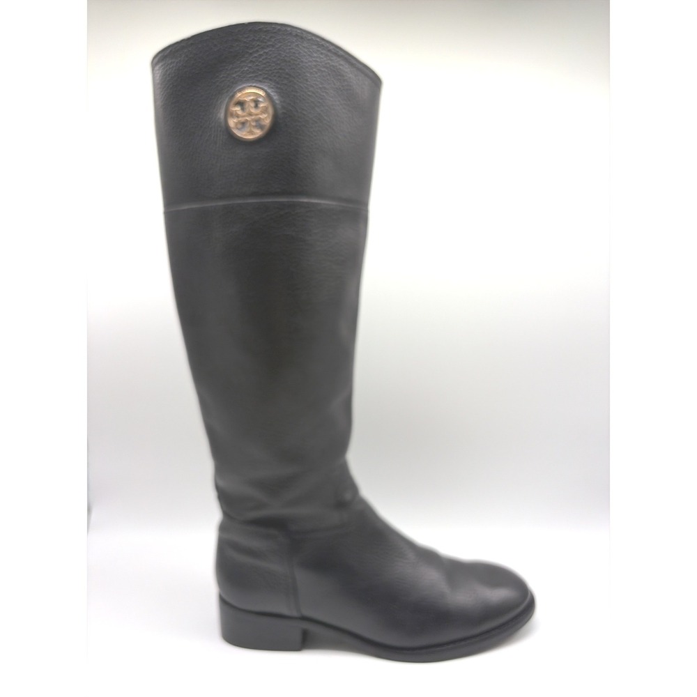 Tory Burch Junction Black Tumbled Leather Riding Boots Gold Logo Medallion 8.5M